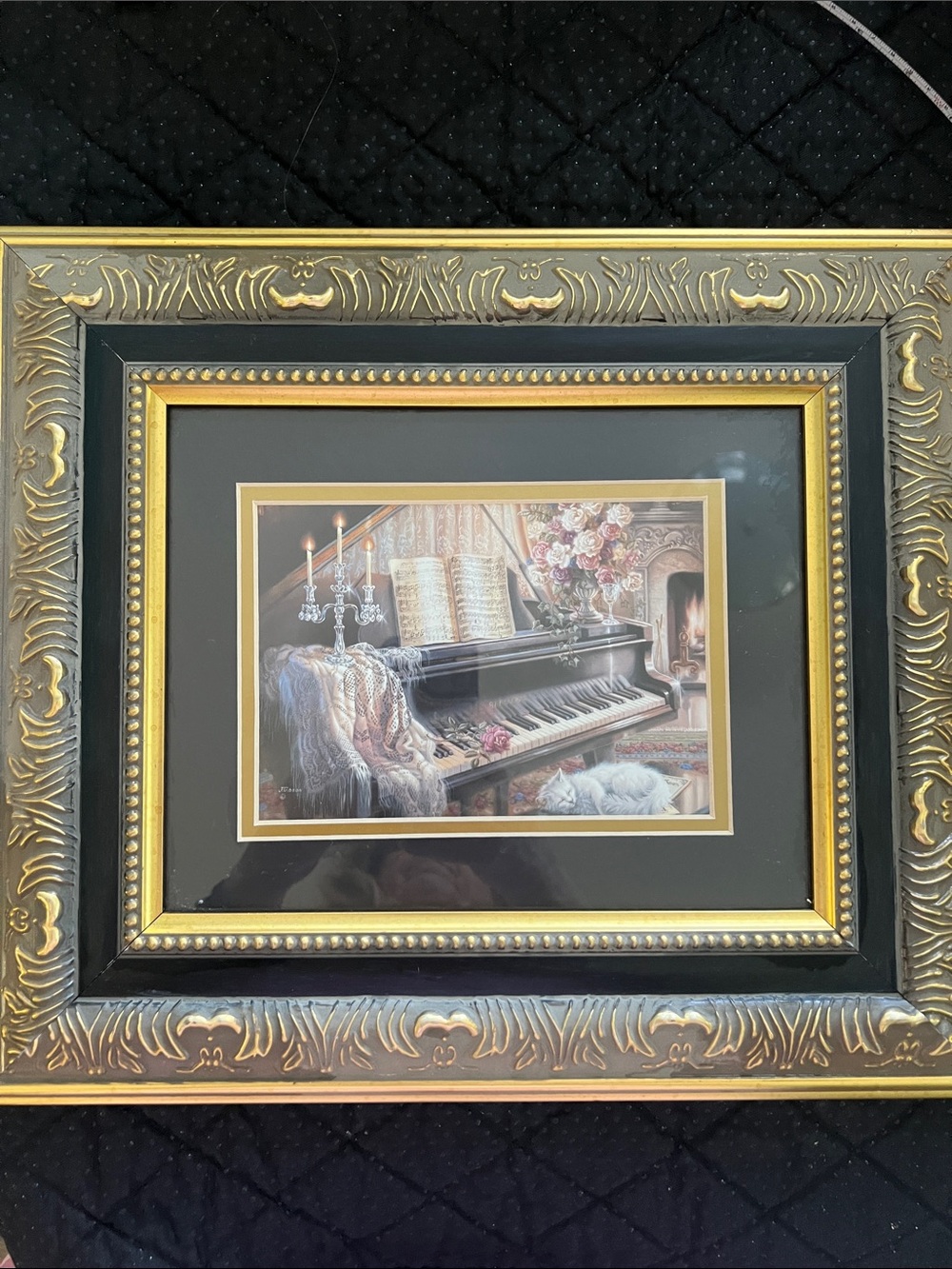 Vintage Judy Gibson "Sonata by Firelight" Framed Art Print - Piano & Cat